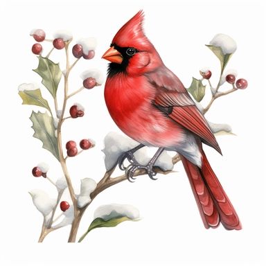 Watercolor Red Cardinal during winter clipart, realistic, photorealistic, highly detailed