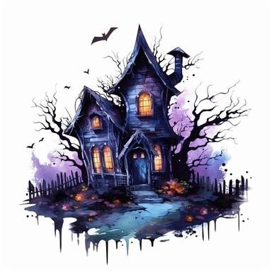 watercolor style, spooky halloween haunted house graveyard in front clipart, haunted house decorated in creepy Halloween style decor, whimsical Halloween witch house, isolated on white background, 4K, dark, night scene