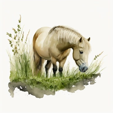 fjord horse eating grass on a field, watercolour, clipart