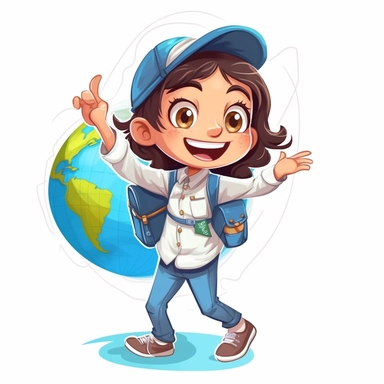 A happy young child (girl) with a lab coat exploring a globe with a backpack, vector style graphic, positive vibe, clipart, single design, white background