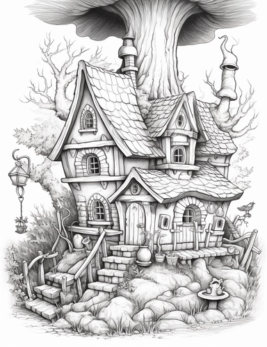coloring book style, illustration clipart. Witch's Cottage: A cozy cottage nestled in the woods, where a friendly witch brews potions and tends to her magical garden. for coloring book with crispy lines and white background