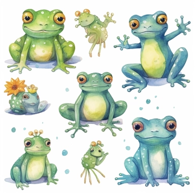 watercolor kawaii frogs, illustrations clipart set, simple, cartoon elements, different variants, separate elements with a margin