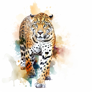 watercolor clipart, white background, a stunning jaguar, showcasing its wild beauty