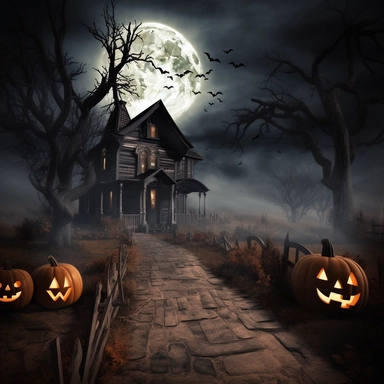 A spooky Halloween night with a haunted house in the background, a full moon casting an eerie glow, gnarled trees with twisted branches, and jack-o'-lanterns lining the path leading to the house. The environment is enveloped in a dense fog that adds to the mystery and suspense. The scene's mood is chilling, evoking a sense of anticipation and the unknown. Photography, using a wide-angle lens (24mm) to capture the vastness of the scene, with long exposure settings to create a haunting effect, hal