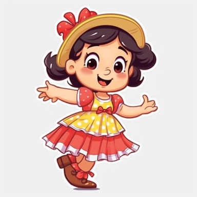 a cute little girl dancing dressed for a brazilian junina, checkered dress, brown shoes, happy, Monica's gang style, Graphics Maurício de Sousa, digital art, big eyes, cartoon, clipart , country girl from festa junina from brazil cute drawing white background