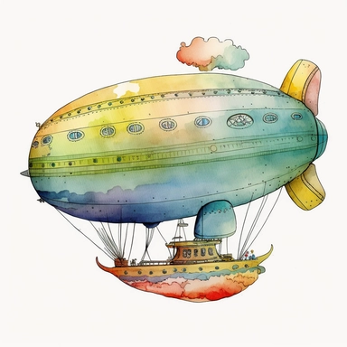 a nursery childish drawing of an airship blimp, a watercolor-style image clipart with no background, a product image, The image should have a whimsical and vibrant aesthetic, The overall mood of the illustrations should be playful, fun, and vibrant