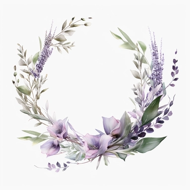 with white background, art Watercolor, Watercolor Lavender and Eucalyptus Crescent floral clipart, hd, high detailed, lavender bold purple, muted green and silver leaves, delicate petals, pastel, muted, soft, subtle, romantic, dreamy, ultra details, high resulution, dynamic lighting, rendering, photo realistic, lightroom gallery, cinematic lighting