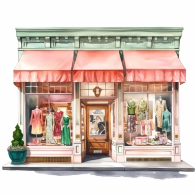 watercolor, hyper realistic, white background, white margins, 16k, ultra detailed clipart, cut out image, hand-drawn vintage clothing boutique with a brightly painted storefront and mannequins dressed in retro clothing in the window display.