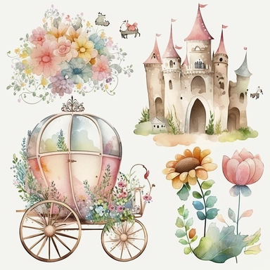 watercolor, pastel, cute, adorable, flowers, carriage, castle, clipart vector collection, no outline, full body on white background, high resolution