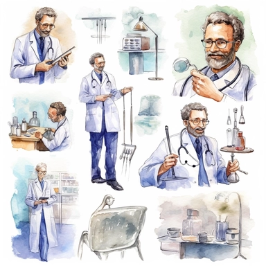 watercolor doctor related scenes  Products for dentists to screen, diagnose & treat patients, illustrations clipart set, simple, , cartoon elements ,different variants , nurse, doctor, ,separate elements with a margin