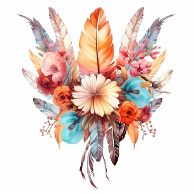Create a mesmerizing composition of boho flowers and delicate feathers in a watercolor style. The vibrant colors and intricate details of the floral clipart bouquets and feathers come together to form a captivating artwork. Let the bohemian spirit of nature and freedom inspire this enchanting design.