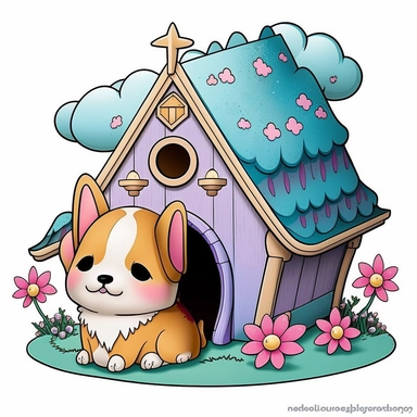 clipart with white background of a doghouse in the style of kawaii, fantasy and mystical