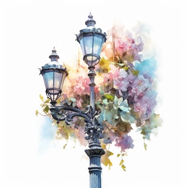 Victorian gas streetlamp clipart, soft pastel colors, soft pastel flowers, in the style of realistic watercolors, feminine sensibilities, detailed illustrations, made of all of the above, in style of Willem Haenraets, clean background, white background, on a white background, transparent background