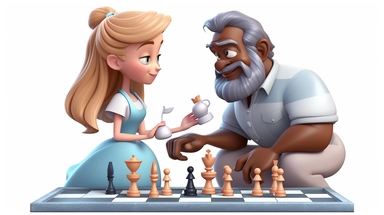 cartoon, clipart style illustration of very old skinny black man teaching a very young cute blonde girl how to play chess. 3D style illustration. Disney style. No backgorund. Solid white background. Comical disney animation style.