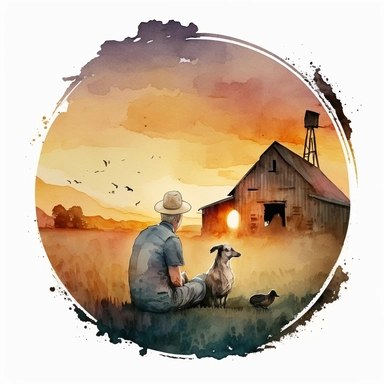 Watercolor Farm clipart in cirlce image with farmman sitting in middle and watching sunset we dont see face