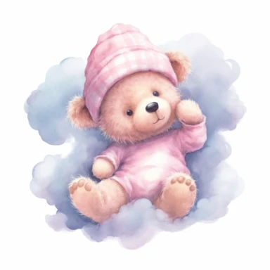 clipart, a whimsical illustration of a contented, loving and angelic baby teddy bear, wearing pajamas and pajamas hat, floating on a cloud, surrendered by pink fluffy clouds, Use a smooth and light watercolor technique to give the artwork a dreamy and ethereal quality