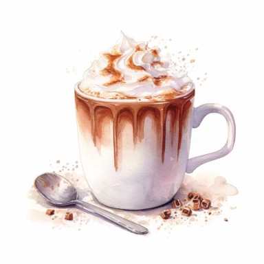 watercolor, hyper realistic, white background, white margins, 16k, ultra detailed clipart, cut out image, hand-drawn a steaming mug of hot chocolate topped with whipped cream and sprinkled with cocoa powder, evoking warmth and indulgence.
