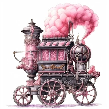 pink watercolor steampunk cotton candy cart, clipart, metallic, gears, iron pink gray black, 32k. highly detailed