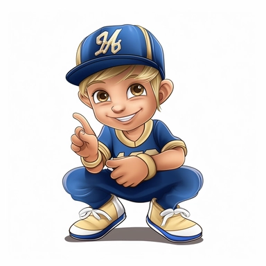 hyper-realistic cute and happy blonde boy with brown eyes baseball fan wearing blue and gold and facing the camera and squatting with five fingers on each hand posing and pointing at the camera in the style of digital airbrushing, smooth skin, sticker, clipart, vector, contour, white background
