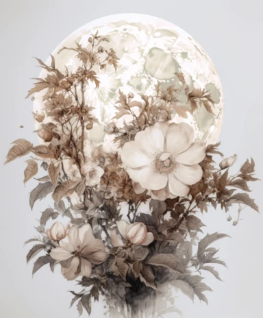 watercolor painting of full moon on white background beautiful multi - headed pale, Flora Design Patterns, Flemish Baroque by Rachel Ruysch, Behance, Rococo, Intricate Detailed, Soft Light Effect, Oil Paint Strokes, Light Academia Aesthetic Flowers, Lighting cinematic, all shown shimmering stamens, tyndall light, light effect, texture, colorful, 8k, fantasy, ray tracing, depth of field, vivid, spectacular lighting, octane rendering, highly detailed, ultra - realistic, white background, clipart