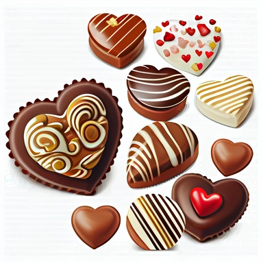 Valentine chocolate candy clipart, vector, on white background, heart shape cookies, hyper realistic, super detailed, photorealistic