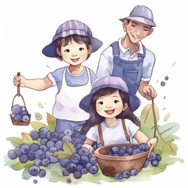 clip art of an asian baby girl and her dad are harvesting fresh blueberry with basket, crayon colouring, in the style of illustrator Ashley Bryan, smilecore, soggy, sticker set, ready-made objects, loose paint application, white background, embroidery