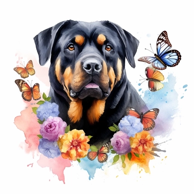 a vibrant watercolor clipart image of a dog Rottweiler with a white background, surrounded by colorful flowers and butterflies.