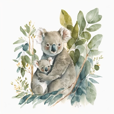 The watercolor illustration shows a baby koala with its mom in a natural setting. The background includes tall eucalyptus trees, which are the main food source for koalas in the wild. The colors are warm and inviting, with shades of gray, white, and green. The baby koala is depicted in a cute and playful way, snuggled up to its mom. Its mom looks on lovingly, as they both enjoy the tranquil setting. This would be a perfect watercolor clipart for kids to enjoy and learn about koalas and their nat