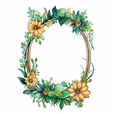 watercolor clipart of a empty suttle dainty floral oval frame surrounded by gold color flowers and emerald green flowers. Capture the essence of blooming beauty and intricate details in your artwork, white background