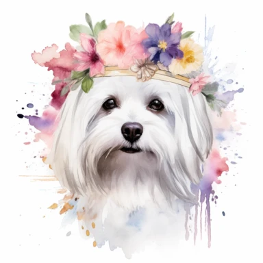 A graceful Maltese dog adorned with a floral crown, capturing its elegance and charm, against a white background and watercolor clipart.