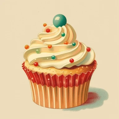 vintage Christmas cupcake clipart, with frosting, sprinkles, candy, m’n’ms, 1940s , chromolithograph, on a cream colored background