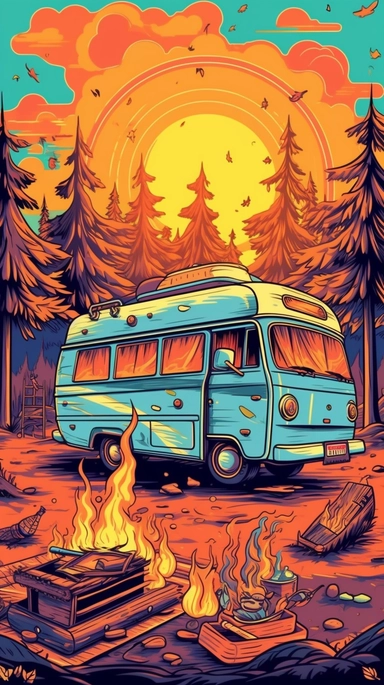 clip art, vector, colourful , camping, outdoors, camp fire , van life