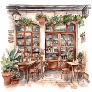 Italian vintage shop clipart, Watercolor, detailed, interior design, Italian cafe interior clipart, Italian cafe illustration, white background, no caption, no text