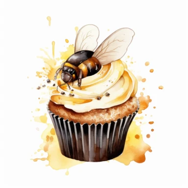 delicious cupcake with honeycomb and bee, watercolour illustration clipart, extremely detailed, 4k, high quality, colour scheme black, gold and white , , isolated on white background - <@1098423716465102849> (relaxed) - <@1098423716465102849> (relaxed) - Image #3 <@1098423716465102849>
