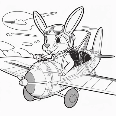 hyper specialyzed coloring page for kids, bugs bunny style pilot rabbit on biplane with clear background, white background, hand drawn line art, clipart, no fill, no dither