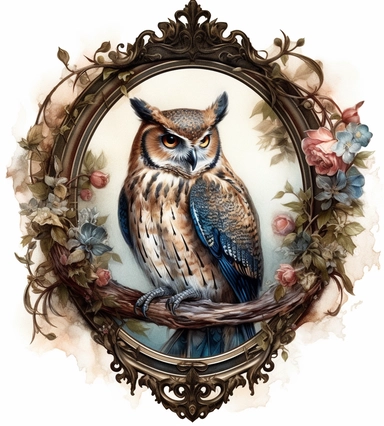 DESIGN A MAGNIFICENT AND EXQUISITE BREATHTAKING ONE-OF-A-KIND HIGH QUALITY HIGHLY DETAILED MASTERPIECE WATERCOLOR CLIPART ILLUSTRATION OF owl on circular frame design, in the style of gothic grandeur, rotcore, birds & flowers, light brown and blue, massurrealism, gothic references, gemstone, WHITE BACKGROUND