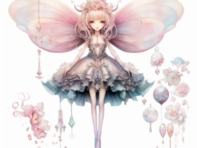 Hand drawn haute couture collection of cute iridescent fairy, full body, matching hat and shoes and nice jewelry, a light wood hanger, glamorous, very detailed and realistic, watercolor, clipart style, white background with margins, in the style of candycore, mark ryden
