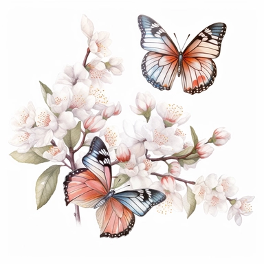 clip art,Watercolor art of a cherry blossom branches, and butterflies, with soft pastel hues, illustration in the style of Ayami Kojima and J.C. Leyendecker, pixiv, high quality, highly detailed,on white background iw 0.75