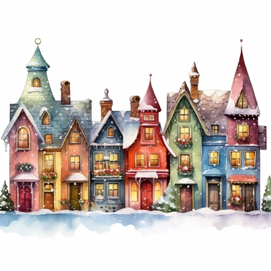 Christmas village, cute and small houses in a row, Clip art, magical, enchanting, wreaths, snow-covered streets, Watercolor, colorful buildings, sparkling, charming, detailed, glittery, shiny, twinkling lights, festive, ornate, traditional, whimsical, Mic