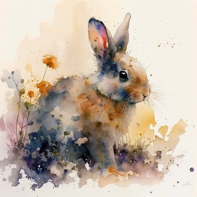 Develop a vibrant watercolor portrait of a rabbit, full of innocence and curiosity. The image should highlight the rabbit's sweet and gentle nature, making it a delightful piece of clipart. The medium should be watercolor, reminiscent of the expressive works of Dean Crouser. The style should be lively and dynamic, allowing the colors to narrate the story. The lighting should be subtle and even, maintaining the focus on the colors and the fluid quality of the brushwork. The color palette should e