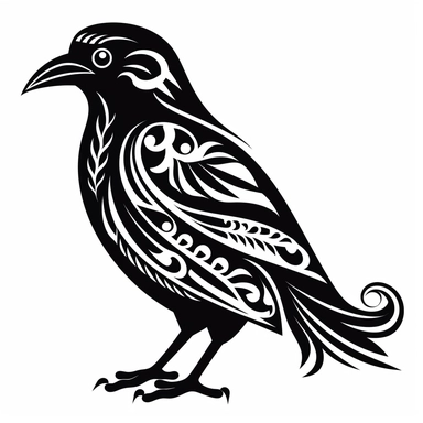 a raven silhouette tattoo made out of Viking symbols black and white clipart on white background