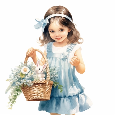 watercolor, hyper realistic, white background, white margins, 16k, ultra detailed clipart, cut out image, hand-drawn a girl in a dress with flowers and basket in front of her, in the style of dark white and light blue, children's book illustrations, soft watercolours, pictorial fabrics, light emerald and light brown, light white and light blue, magical