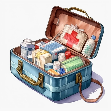 watercolor, First aid kit - Clip art of a first aid kit or medical supplies. png Full body realistic cartoon in 32K UHD cute. 15 cm thick outline. Black color. There was no shadow on the ground. 8k with realistic watercolors and detailed illustrations. PNG clipart, transparent white background