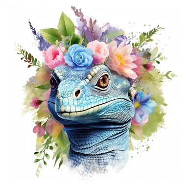 isolated clipart, cute reptile with flowers on its head, highly realistic, flickr, watercolorist, uhd image, multi-layered mixed media