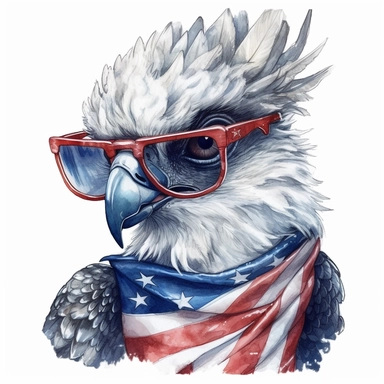 closeups shot, low angle, watercolor style, Harpy eagle, wears American flag scarf and sunglasses, hyper-realistic animal illustrations, 2d game art, quadratura, clipart, on white background,