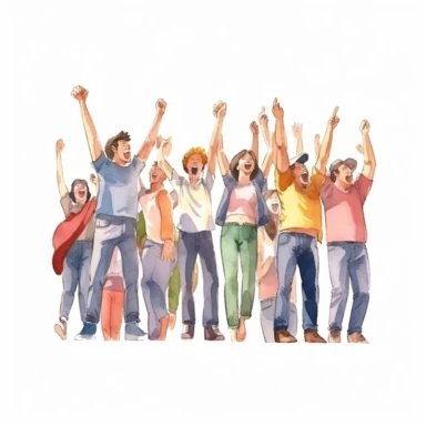 watercolor, The crowd of a happy people group, welcoming and applauding. Active fans audience with hands up standing together. Young men and women yelling at the event. png Full body realistic cartoon in 32K UHD cute. 15 cm thick outline. Black color. There was no shadow on the ground. 8k with realistic watercolors and detailed illustrations. PNG clipart, transparent white background