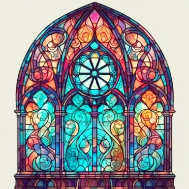 an intricate stained glass window design clipart, in the style of pastel gothic, #screenshotsaturday, reimagined religious art, multiple shapes,islamic art and architecture, watercolor illustrations, no background, vibrant colors, studio lighting