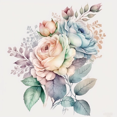soft colorful pastel colored rose bouquet clipart, soft and subtle, colorful fairy pastel colors watercolor style, fawncore, pastel roses only, dreamy pastel colors, muted pastel blue, pastel indigo, pastel navy blue, plain white background, use of fabric, excellent depth of shading in soft watercolor style, watercolor artwork, plain white background for transparent editing