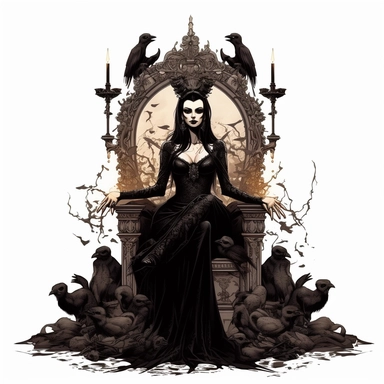 A dark and mysterious digital clipart illustration of a vampire queen sitting on a throne made of bones, wearing a black lace dress, surrounded by candles and skulls, with an intimidating expression on her face, Illustration, digital art, on white background
