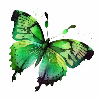 watercolor butterfly clipart, exotic flying butterfly, full green, bright color, no outlines, white background, no text